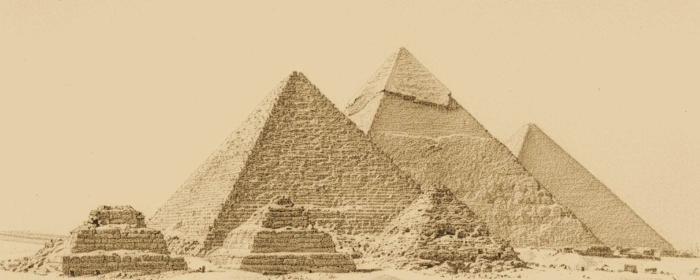 Gravure ancienne du plateau de Gizeh et de ses pyramides.